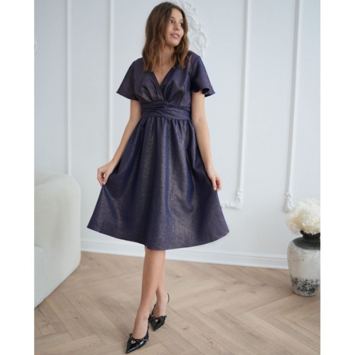 Sukienka GRANATOWA midi z kopertowym dekoltem brokatowa błysk na wesele