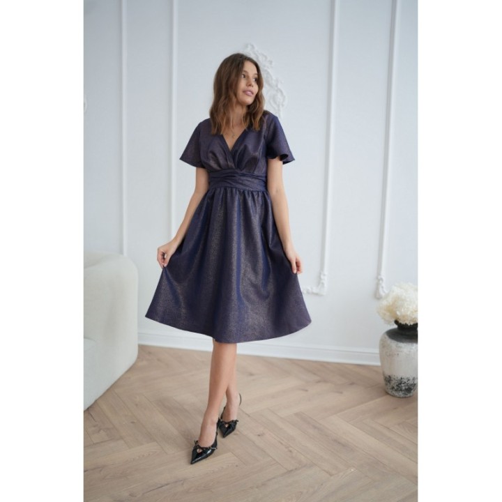 Sukienka GRANATOWA midi z kopertowym dekoltem brokatowa błysk na wesele