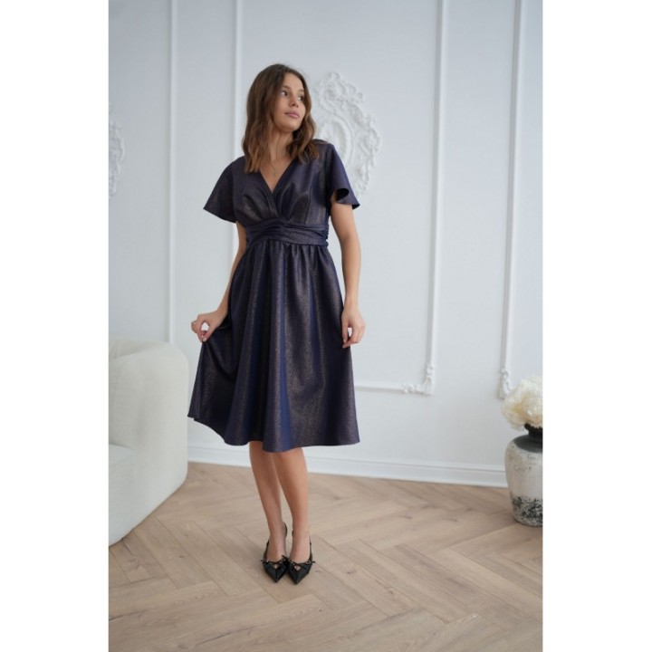 Sukienka GRANATOWA midi z kopertowym dekoltem brokatowa błysk na wesele