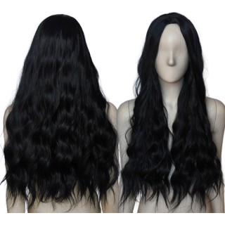 Peruka czarna fale loki gęsta bez grzywki długa PK042