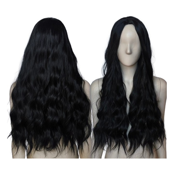 Peruka czarna fale loki gęsta bez grzywki długa PK042