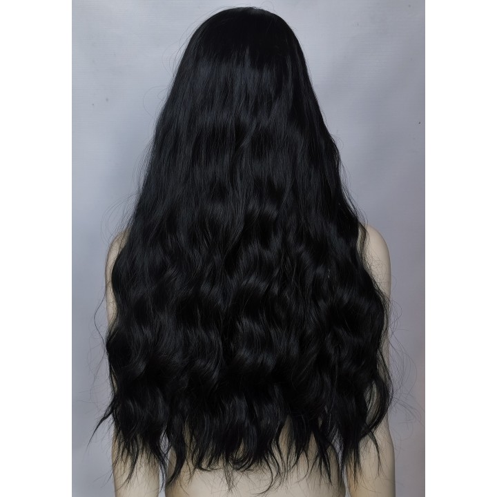 Peruka czarna fale loki gęsta bez grzywki długa PK042