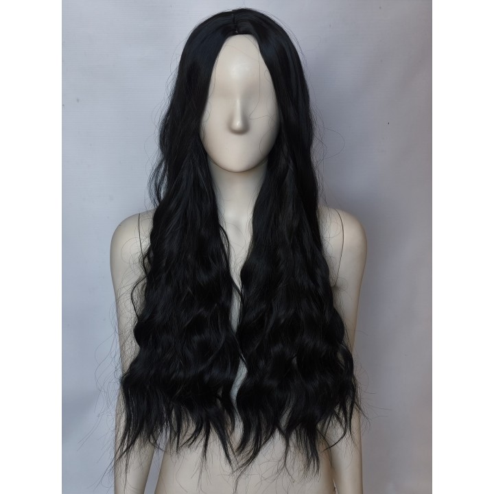 Peruka czarna fale loki gęsta bez grzywki długa PK042