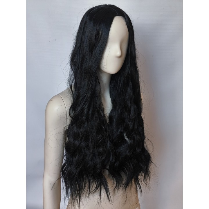 Peruka czarna fale loki gęsta bez grzywki długa PK042