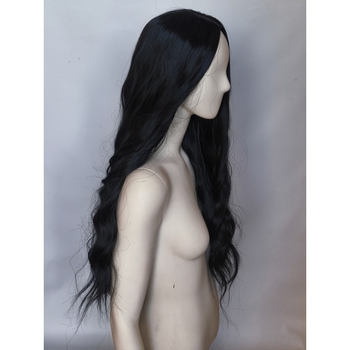 Peruka czarna fale loki gęsta bez grzywki długa PK042