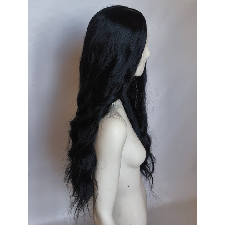 Peruka czarna fale loki gęsta bez grzywki długa PK042