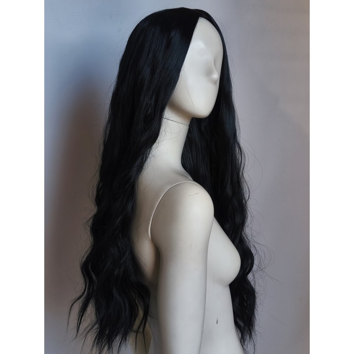 Peruka czarna fale loki gęsta bez grzywki długa PK042