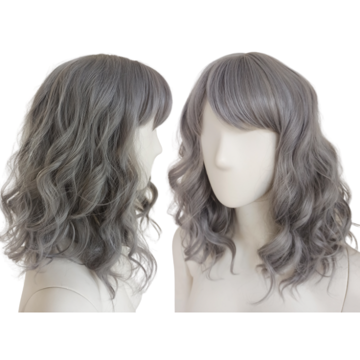 Peruka szara siwa do ramion fale loki z grzywką PK029