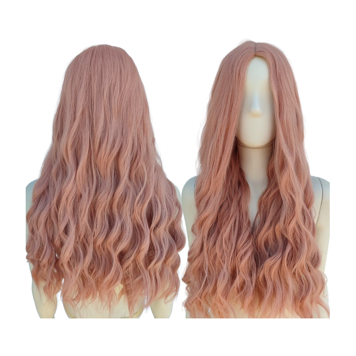 Peruka brzoskwiniowa pudrowy róż loki fale bez grzywki PK039
