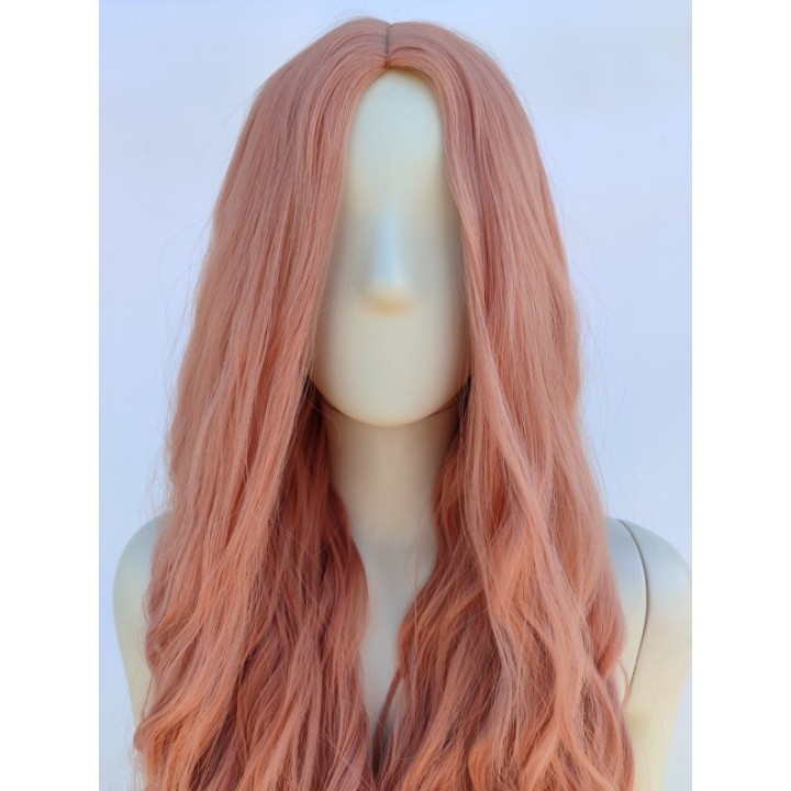 Peruka brzoskwiniowa pudrowy róż loki fale bez grzywki PK039