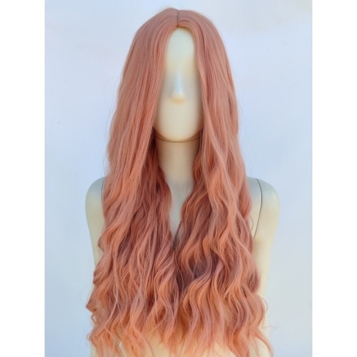 Peruka brzoskwiniowa pudrowy róż loki fale bez grzywki PK039