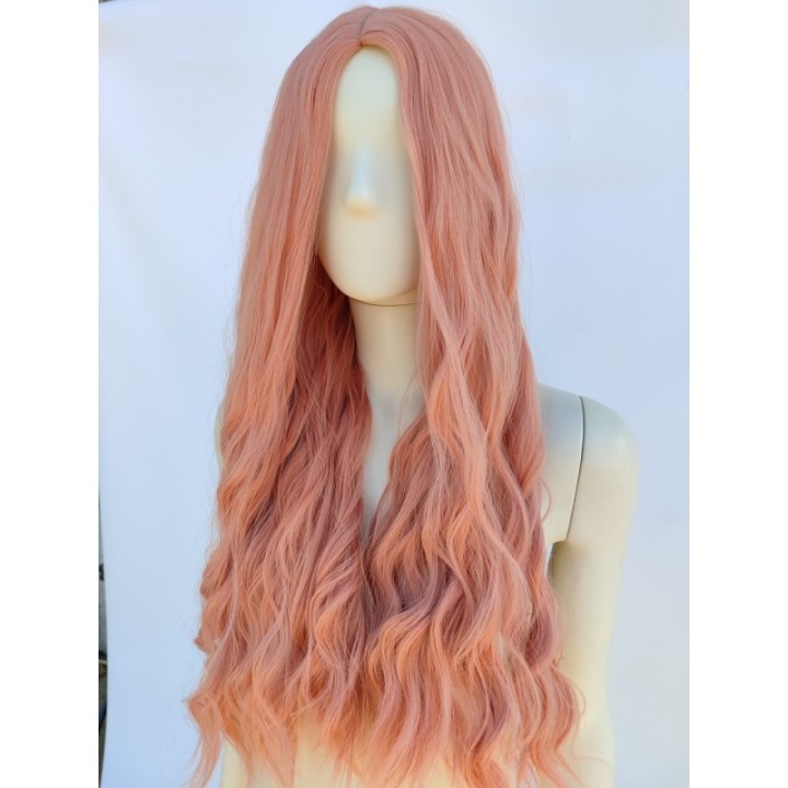 Peruka brzoskwiniowa pudrowy róż loki fale bez grzywki PK039