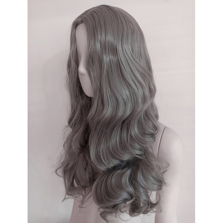 Peruka ciemno szara siwa fale loki gęsta bez grzywki PK041