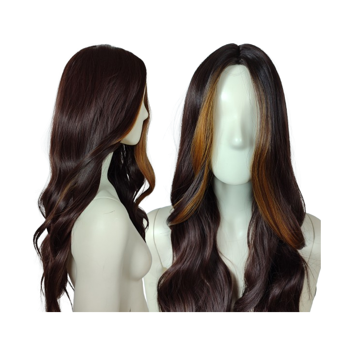 Peruka front blond brązowa bez grzywki fale jasne pasemk PK043