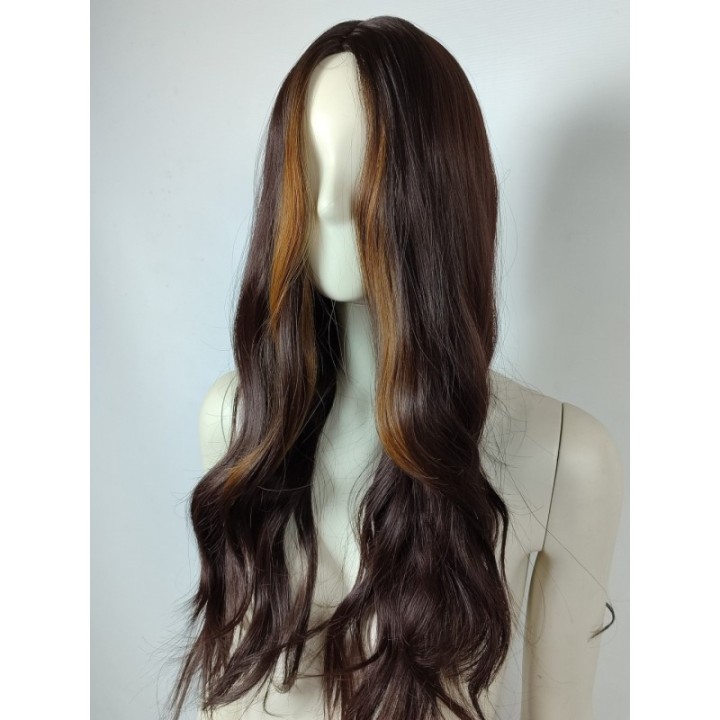 Peruka front blond brązowa bez grzywki fale jasne pasemk PK043