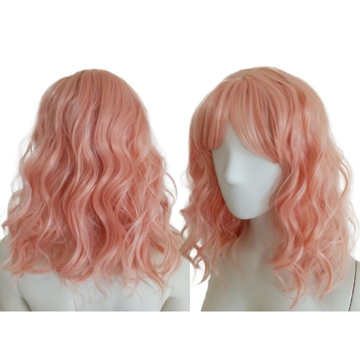 Peruka do ramion brzoskwiniowy róż z grzywką fale PK072