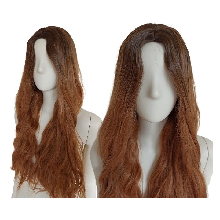 Peruka bez grzywki długie fale złoty brąz brązowa PK059