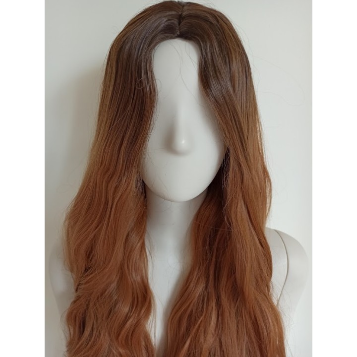 Peruka bez grzywki długie fale złoty brąz brązowa PK059