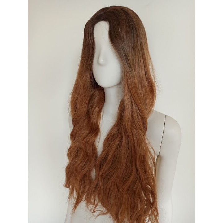 Peruka bez grzywki długie fale złoty brąz brązowa PK059