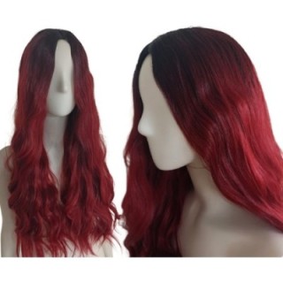 Peruka bez grzywki bordowa czerwona długa fale PK060