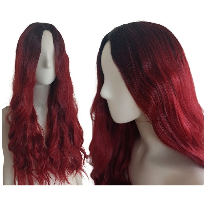 Peruka bez grzywki bordowa czerwona długa fale PK060
