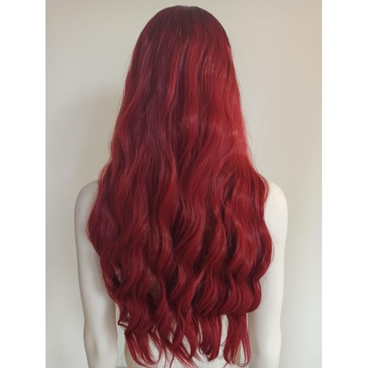 Peruka bez grzywki bordowa czerwona długa fale PK060