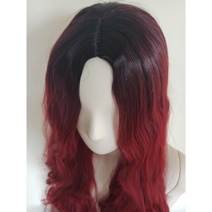 Peruka bez grzywki bordowa czerwona długa fale PK060