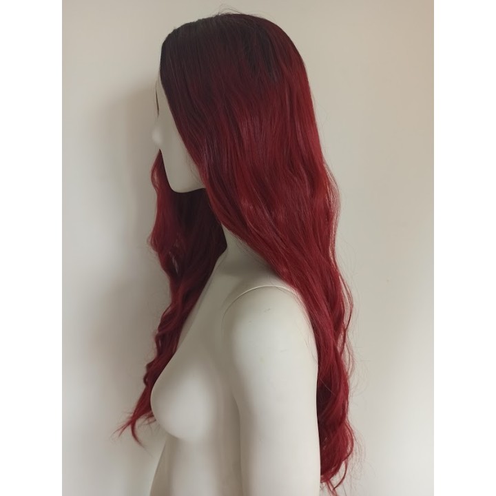 Peruka bez grzywki bordowa czerwona długa fale PK060