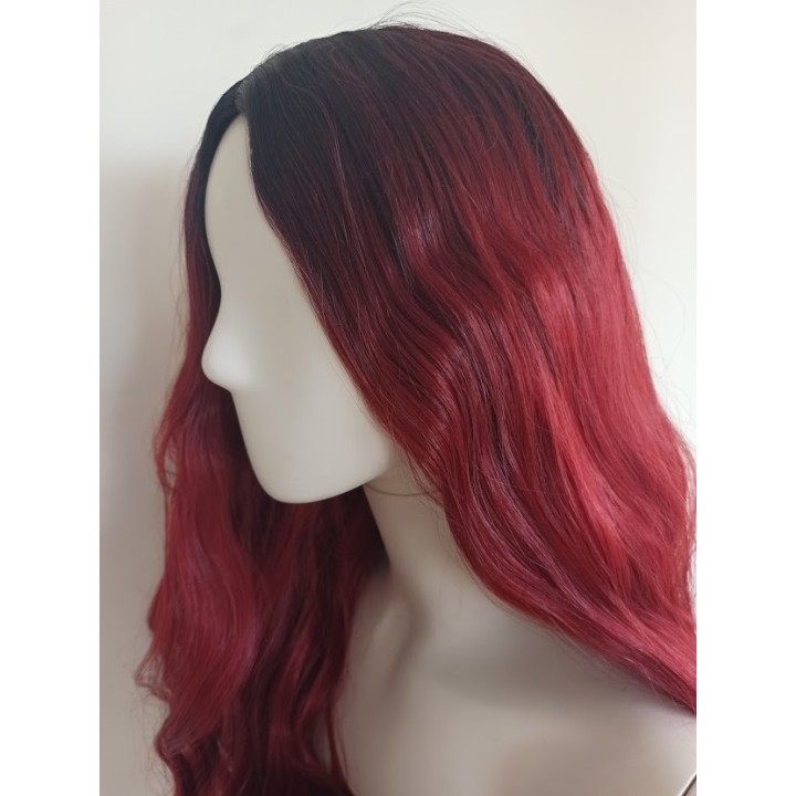 Peruka bez grzywki bordowa czerwona długa fale PK060