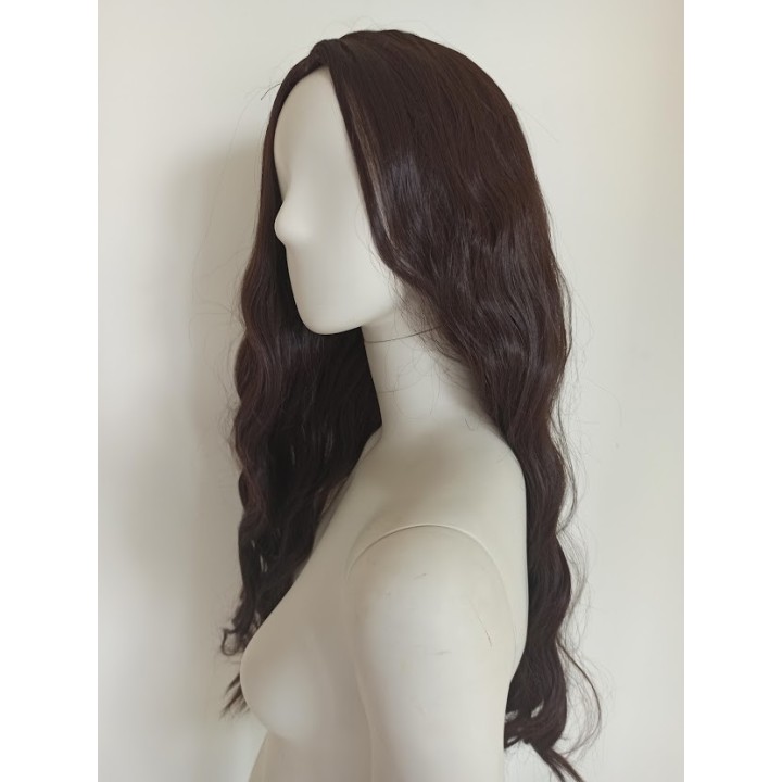Peruka z przedziałkiem ciemny brąz długie loki PK087