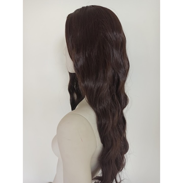 Peruka z przedziałkiem ciemny brąz długie loki PK087