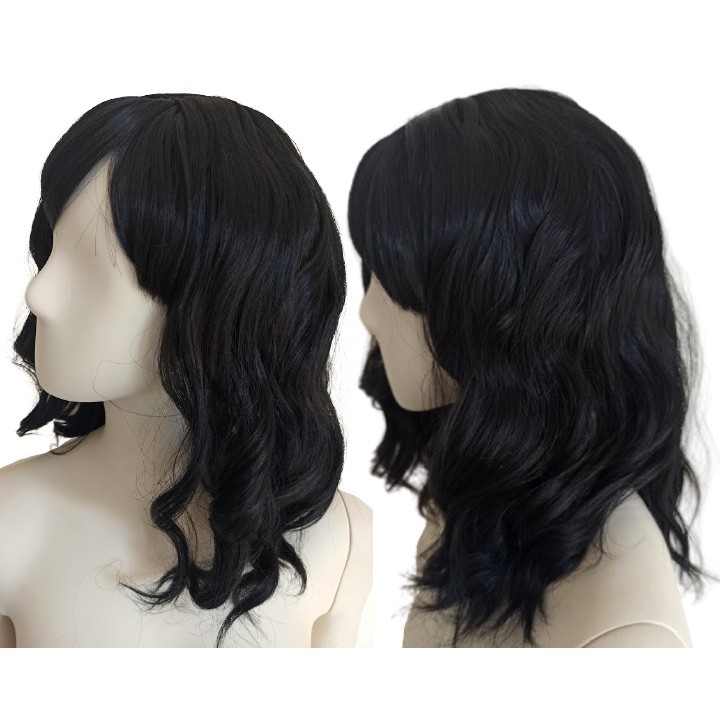 Peruka czarna do ramion fale z grzywką nu goth PK054