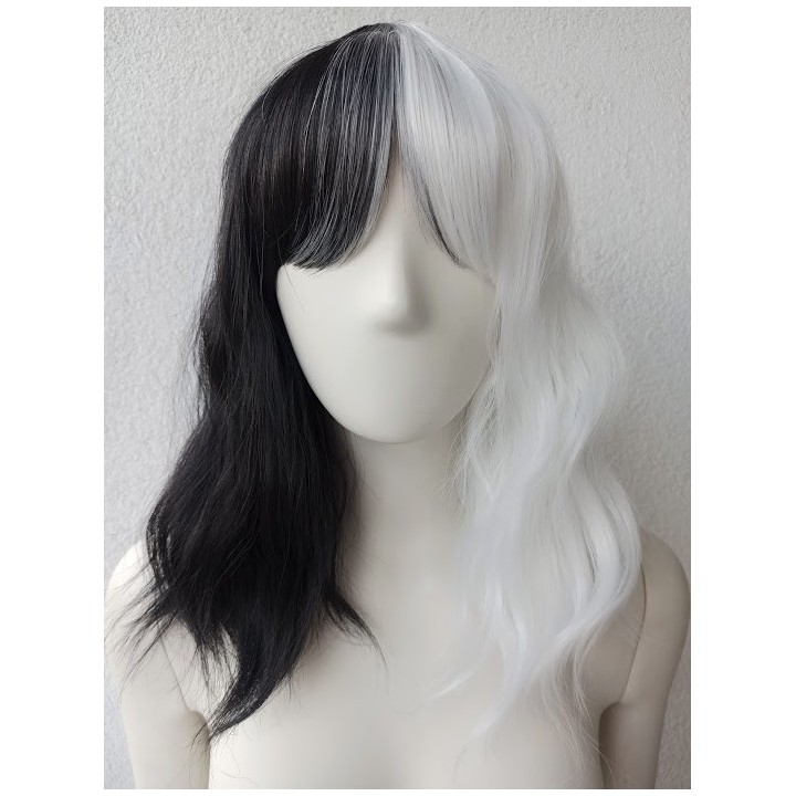 Peruka czarno biała do ramion falowana dwukolorowa PK001