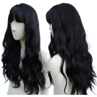 Peruka gęste loki fale czarna z grzywką cosplay PK088