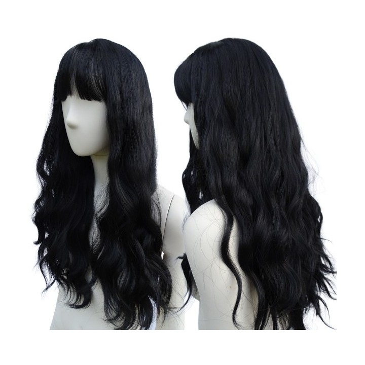 Peruka gęste loki fale czarna z grzywką cosplay PK088