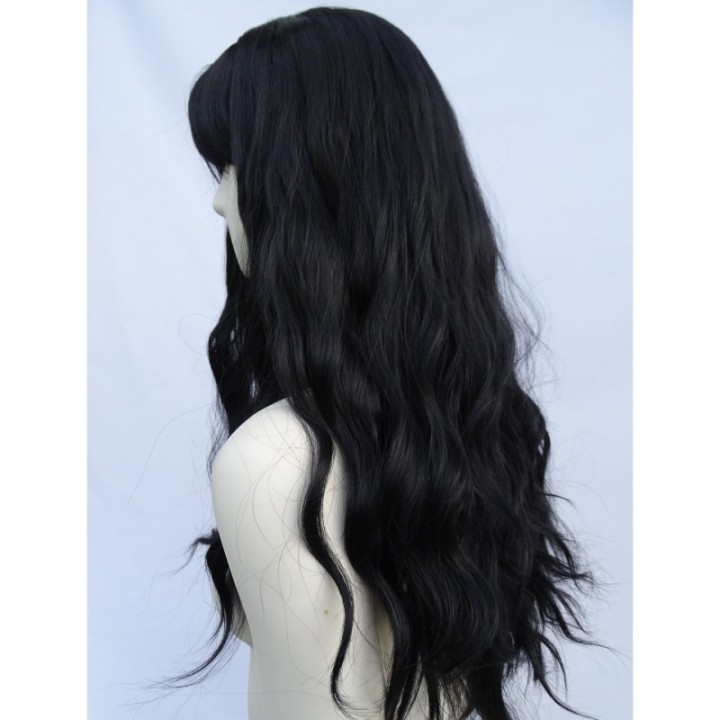 Peruka gęste loki fale czarna z grzywką cosplay PK088