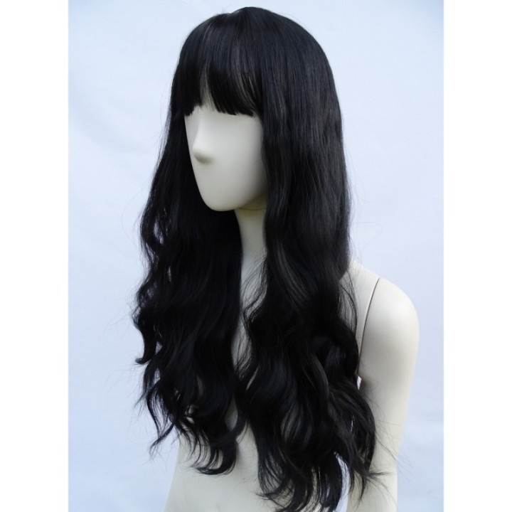 Peruka gęste loki fale czarna z grzywką cosplay PK088