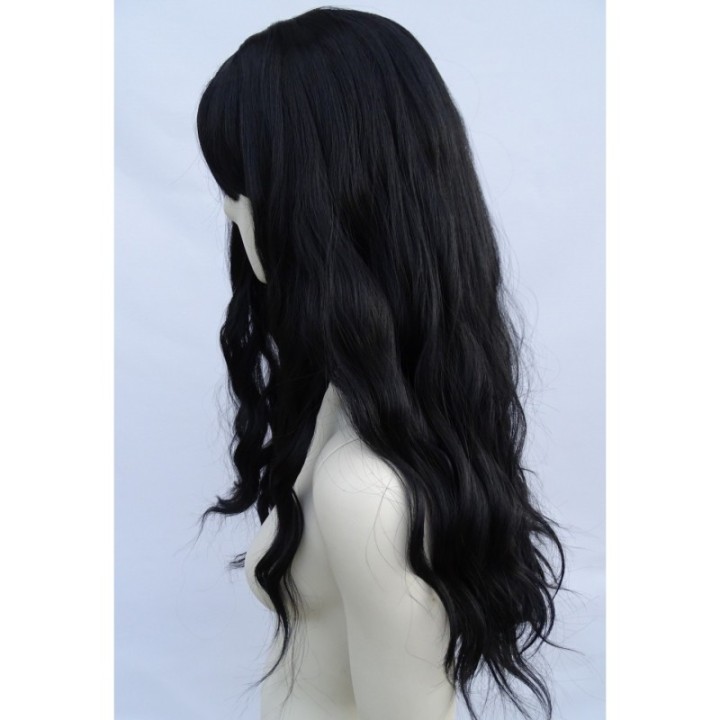 Peruka gęste loki fale czarna z grzywką cosplay PK088