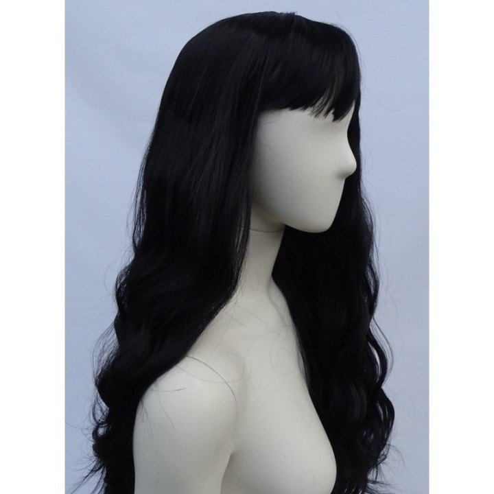 Peruka gęste loki fale czarna z grzywką cosplay PK088