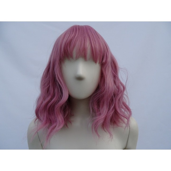 Peruka brudny róż różowa fale z grzywką do ramion PK056