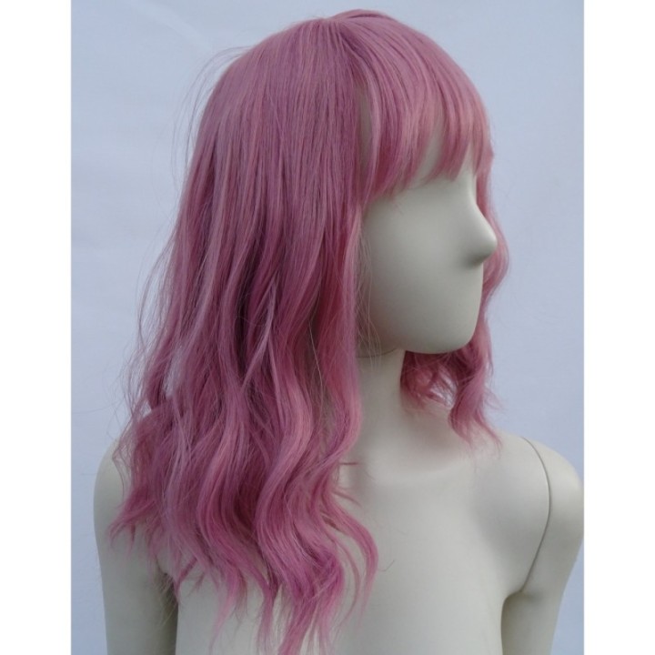 Peruka brudny róż różowa fale z grzywką do ramion PK056