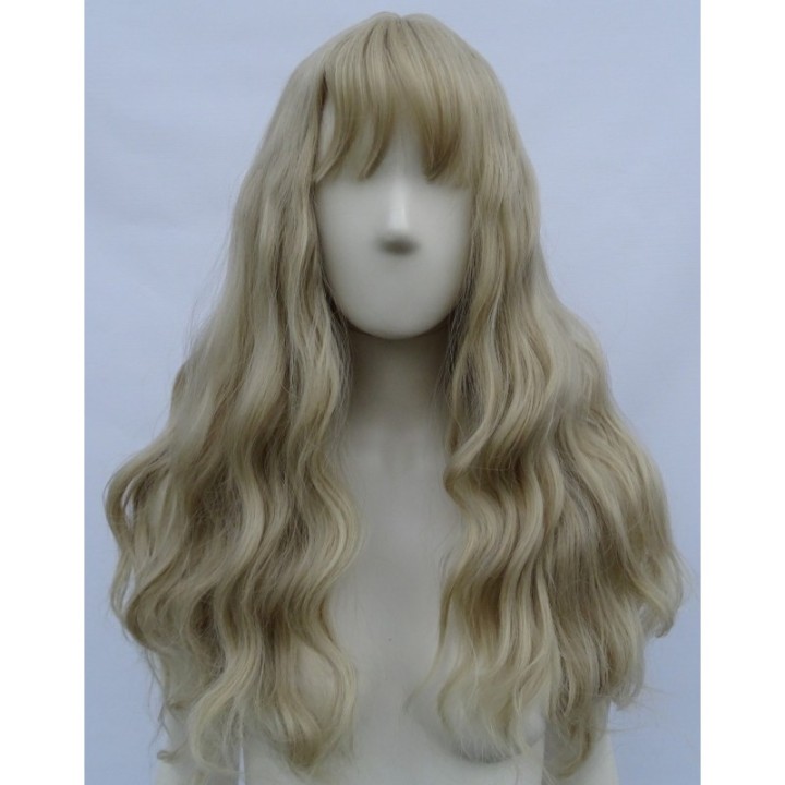 Peruka gęste fale loki  platynowy blond z grzywką PK085