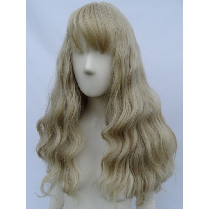 Peruka gęste fale loki  platynowy blond z grzywką PK085