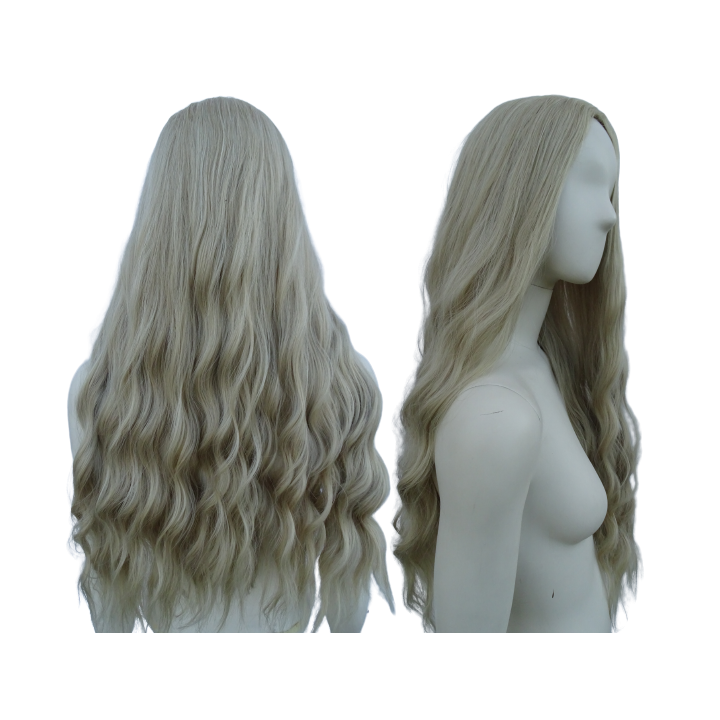 Peruka platynowy zimny jasny loki fale długa bez grzywki gęsta PK121