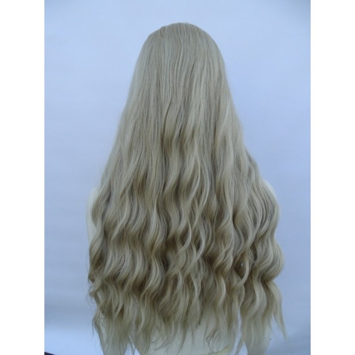 Peruka platynowy zimny jasny loki fale długa bez grzywki gęsta PK121