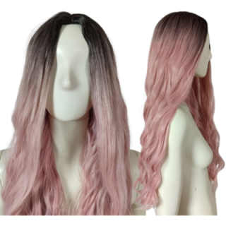 Peruka ombre bez grzywki pastelowy brudny blady róż różowa loki fale PK124