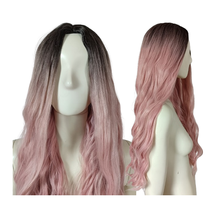 Peruka ombre bez grzywki pastelowy brudny blady róż różowa loki fale PK124