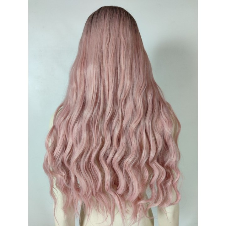 Peruka ombre bez grzywki pastelowy brudny blady róż różowa loki fale PK124