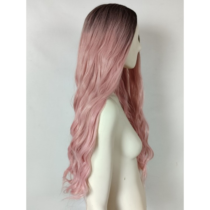 Peruka ombre bez grzywki pastelowy brudny blady róż różowa loki fale PK124