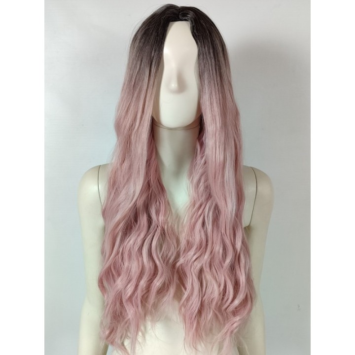 Peruka ombre bez grzywki pastelowy brudny blady róż różowa loki fale PK124